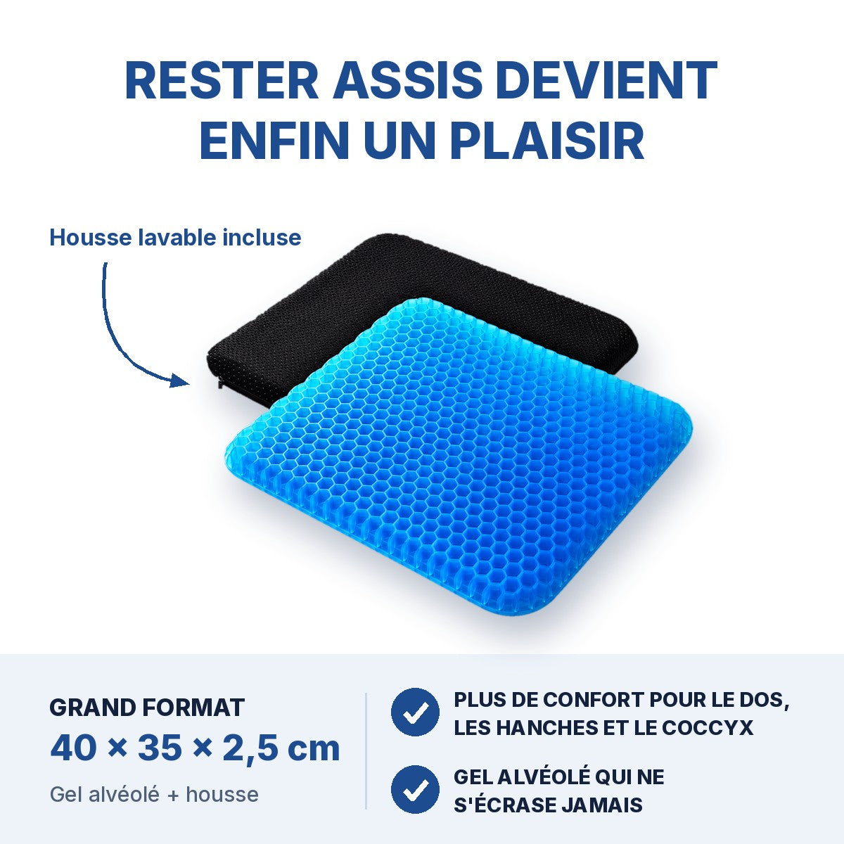 Coussin gel NANOBAM 40 x 35 x 2,5 cm, housse lavable incluse